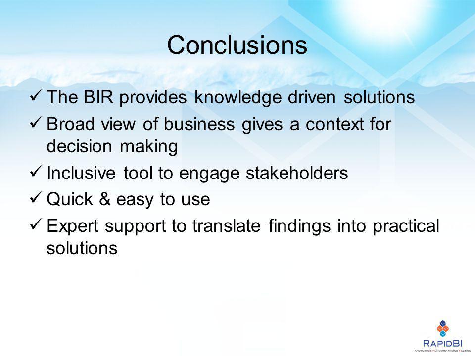 Conclusions The BIR provides knowledge driven solutions Broad view of business gives a context for decision making Inclusive tool to engage stakeholders Quick & easy to use Expert support to translate findings into practical solutions