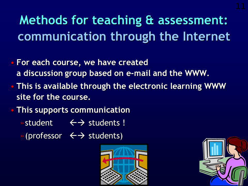 10 Active learning Co-operative learning Study close to reality Communication through Internet Each student creates a course-portfolio Peer assessment of students Students offer feedback on the course Electronic learning environment