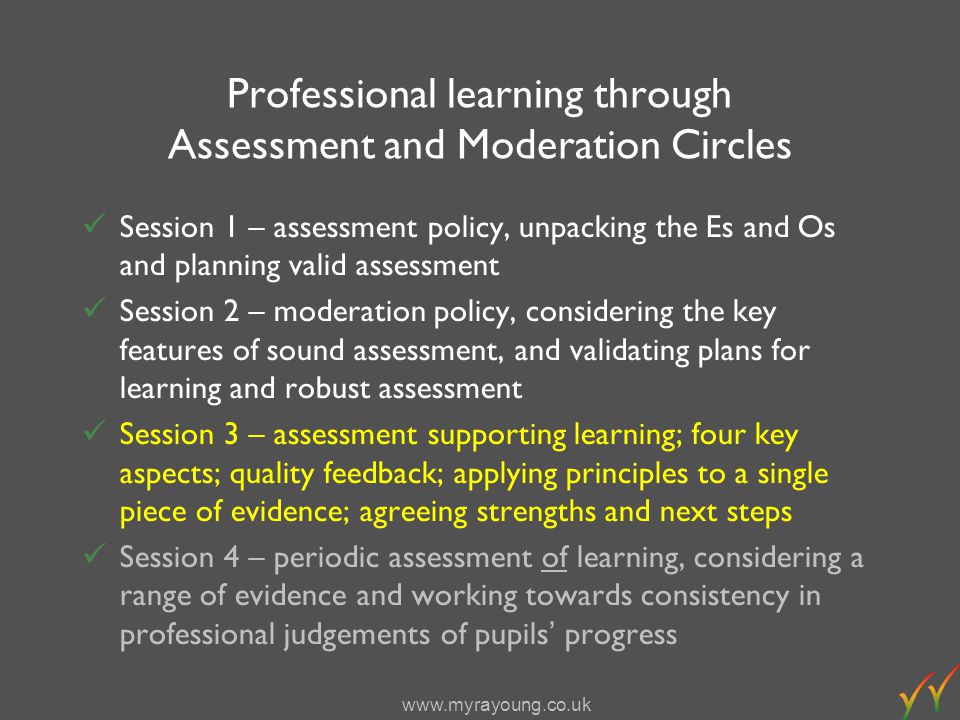 Professional learning through Assessment and Moderation Circles Session 1 – assessment policy, unpacking the Es and Os and planning valid assessment Session 2 – moderation policy, considering the key features of sound assessment, and validating plans for learning and robust assessment Session 3 – assessment supporting learning; four key aspects; quality feedback; applying principles to a single piece of evidence; agreeing strengths and next steps Session 4 – periodic assessment of learning, considering a range of evidence and working towards consistency in professional judgements of pupils progress