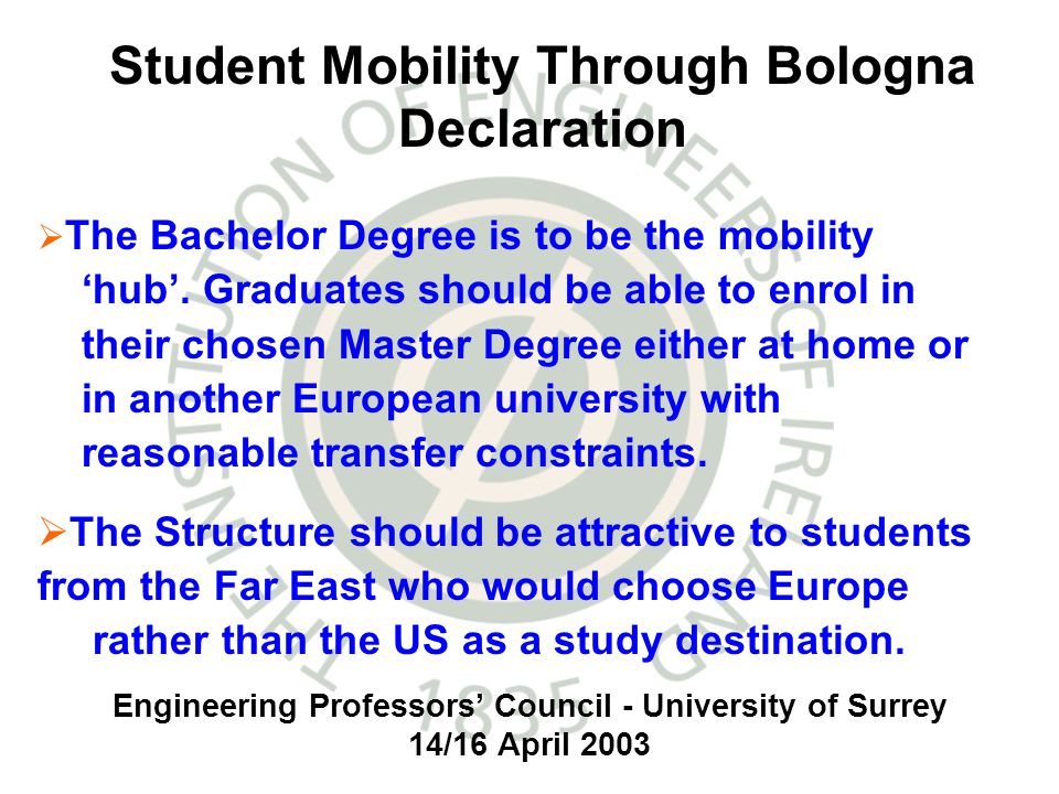 Engineering Professors Council - University of Surrey 14/16 April 2003 The Bachelor Degree is to be the mobility hub.