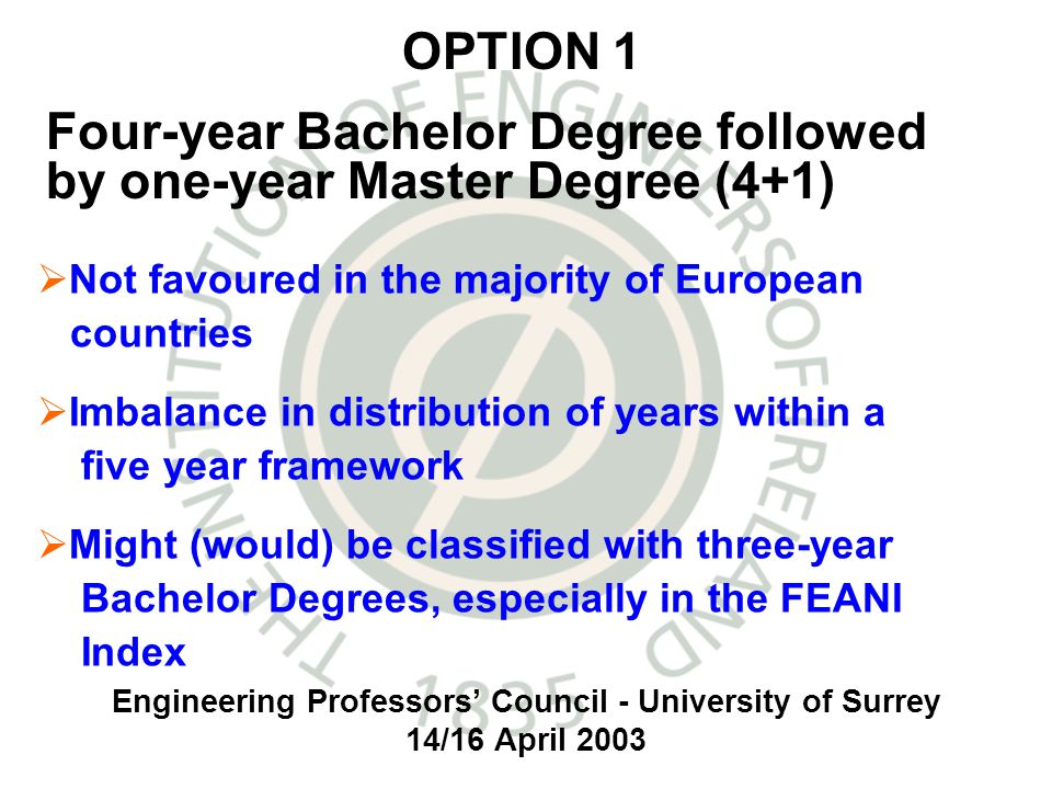 Engineering Professors Council - University of Surrey 14/16 April 2003 Not favoured in the majority of European countries Imbalance in distribution of years within a five year framework Might (would) be classified with three-year Bachelor Degrees, especially in the FEANI Index OPTION 1 Four-year Bachelor Degree followed by one-year Master Degree (4+1)
