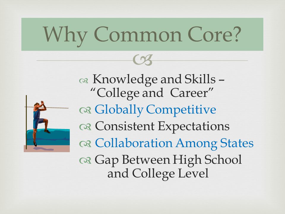 Knowledge and Skills – College and Career Globally Competitive Consistent Expectations Collaboration Among States Gap Between High School and College Level Why Common Core