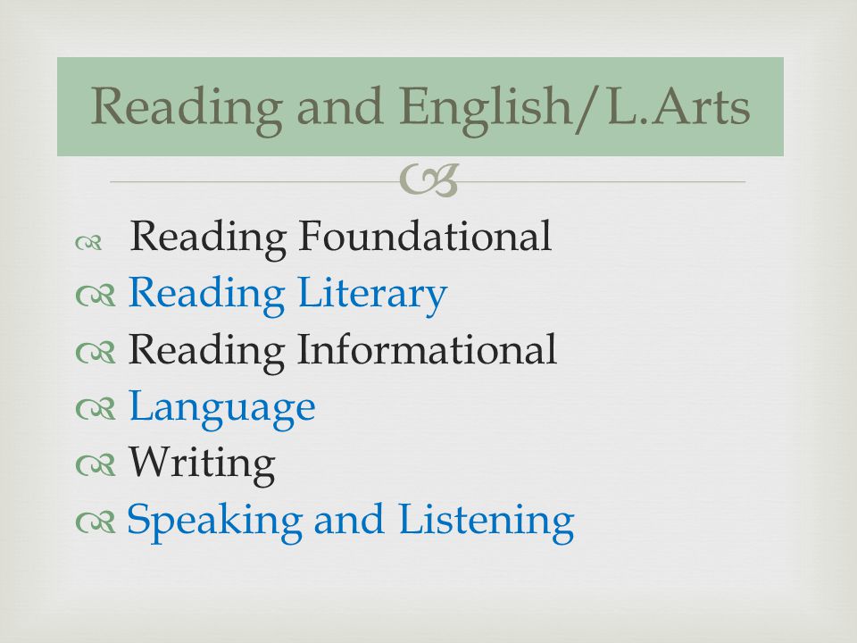 Reading Foundational Reading Literary Reading Informational Language Writing Speaking and Listening Reading and English/L.Arts