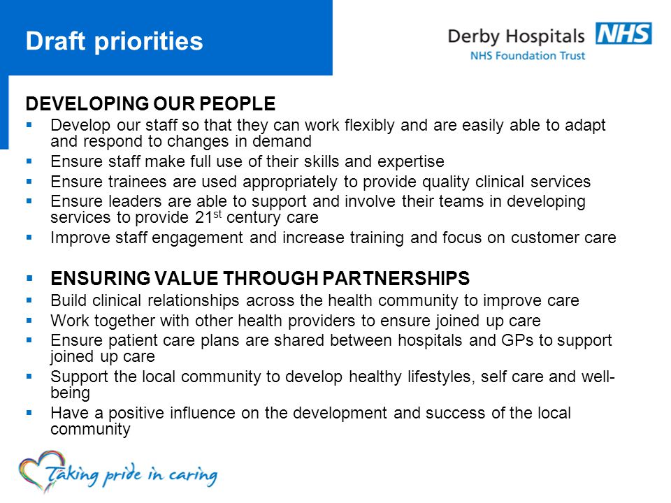 DEVELOPING OUR PEOPLE Develop our staff so that they can work flexibly and are easily able to adapt and respond to changes in demand Ensure staff make full use of their skills and expertise Ensure trainees are used appropriately to provide quality clinical services Ensure leaders are able to support and involve their teams in developing services to provide 21 st century care Improve staff engagement and increase training and focus on customer care ENSURING VALUE THROUGH PARTNERSHIPS Build clinical relationships across the health community to improve care Work together with other health providers to ensure joined up care Ensure patient care plans are shared between hospitals and GPs to support joined up care Support the local community to develop healthy lifestyles, self care and well- being Have a positive influence on the development and success of the local community Draft priorities