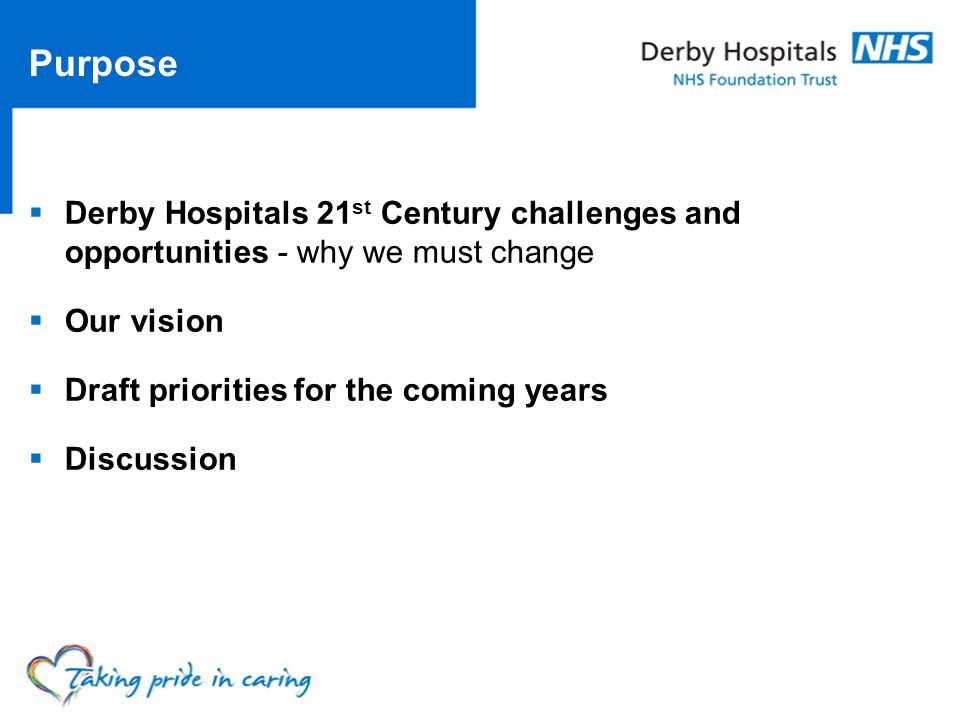 Derby Hospitals 21 st Century challenges and opportunities - why we must change Our vision Draft priorities for the coming years Discussion Purpose