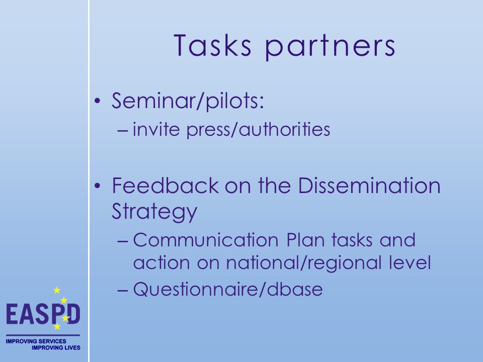 Tasks partners Seminar/pilots: – invite press/authorities Feedback on the Dissemination Strategy – Communication Plan tasks and action on national/regional level – Questionnaire/dbase