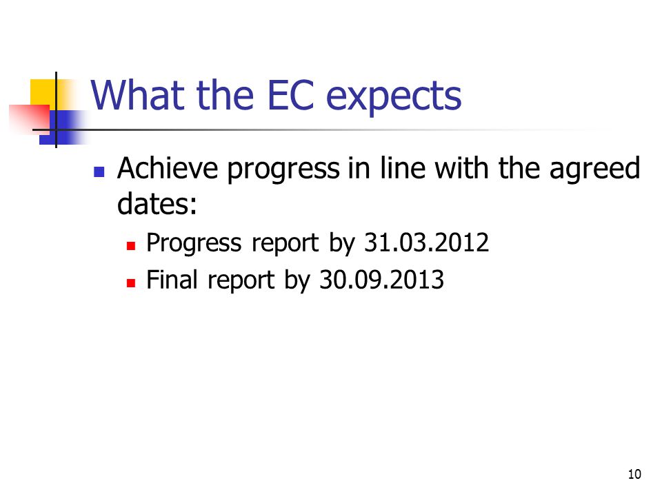 What the EC expects Achieve progress in line with the agreed dates: Progress report by Final report by