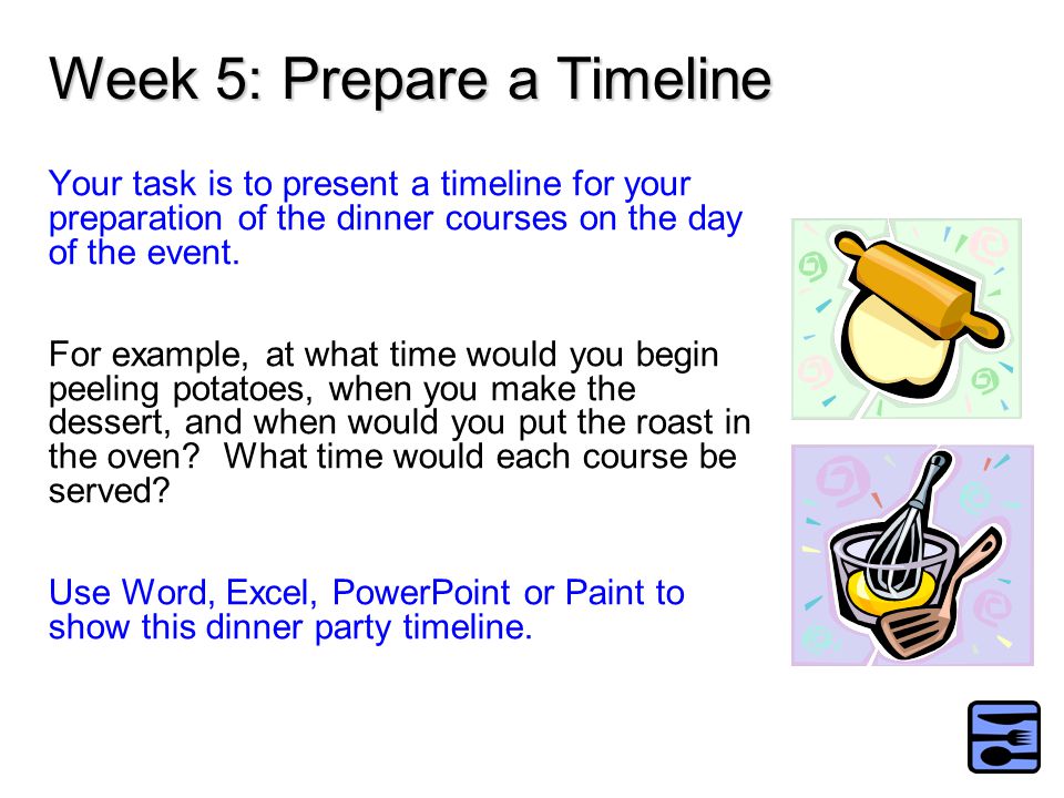 Your task is to present a timeline for your preparation of the dinner courses on the day of the event.