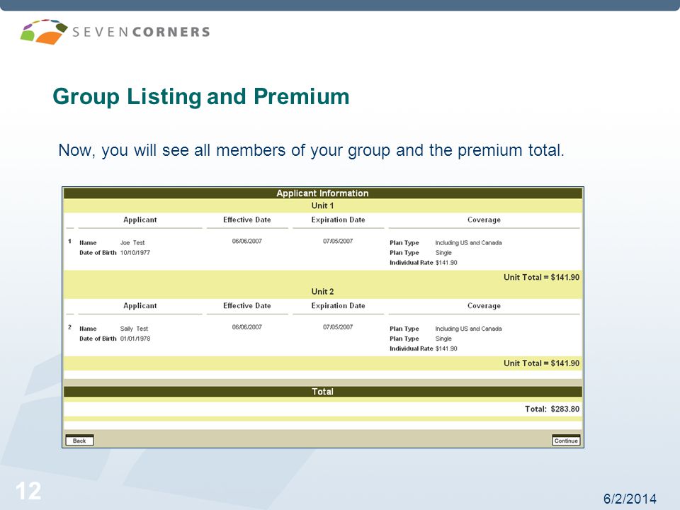 6/2/ Group Listing and Premium Now, you will see all members of your group and the premium total.