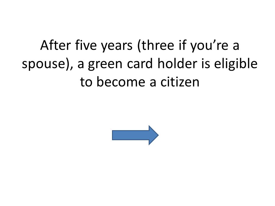 After five years (three if youre a spouse), a green card holder is eligible to become a citizen
