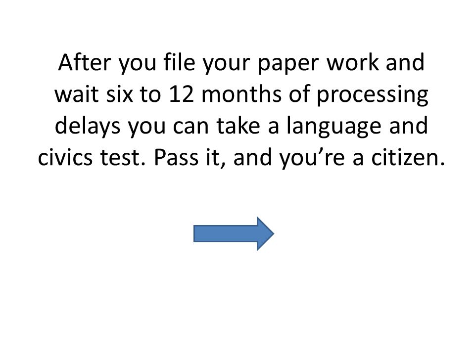 After you file your paper work and wait six to 12 months of processing delays you can take a language and civics test.