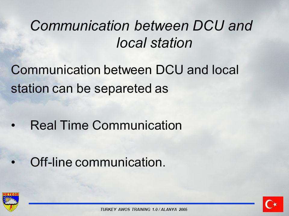 TURKEY AWOS TRAINING 1.0 / ALANYA 2005 Communication between DCU and local station Communication between DCU and local station can be separeted as Real Time Communication Off-line communication.