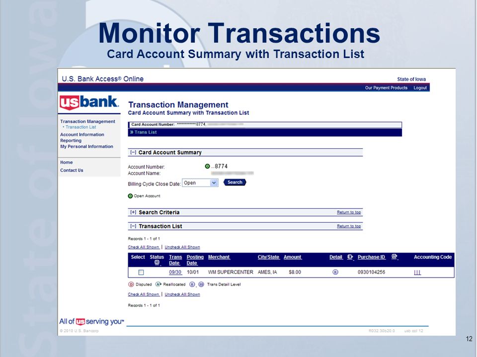 12 Monitor Transactions Card Account Summary with Transaction List