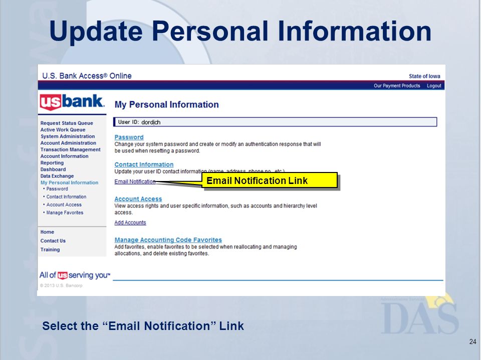 Update Personal Information 24  Notification Link Select the  Notification Link