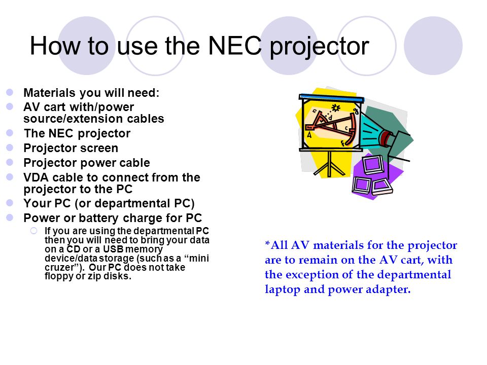 How to use the NEC projector Materials you will need: AV cart with/power source/extension cables The NEC projector Projector screen Projector power cable VDA cable to connect from the projector to the PC Your PC (or departmental PC) Power or battery charge for PC If you are using the departmental PC then you will need to bring your data on a CD or a USB memory device/data storage (such as a mini cruzer).