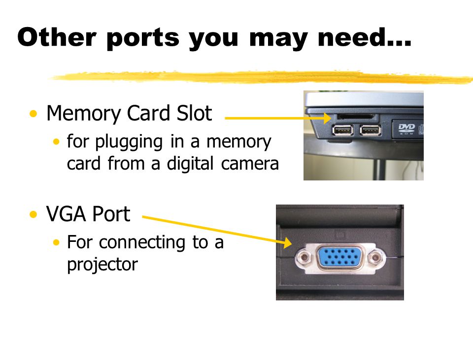 Memory Card Slot for plugging in a memory card from a digital camera VGA Port For connecting to a projector