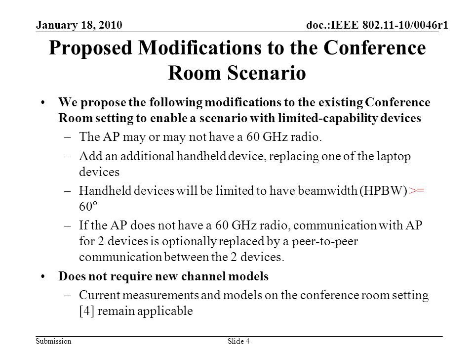 Submission Proposed Modifications to the Conference Room Scenario We propose the following modifications to the existing Conference Room setting to enable a scenario with limited-capability devices –The AP may or may not have a 60 GHz radio.