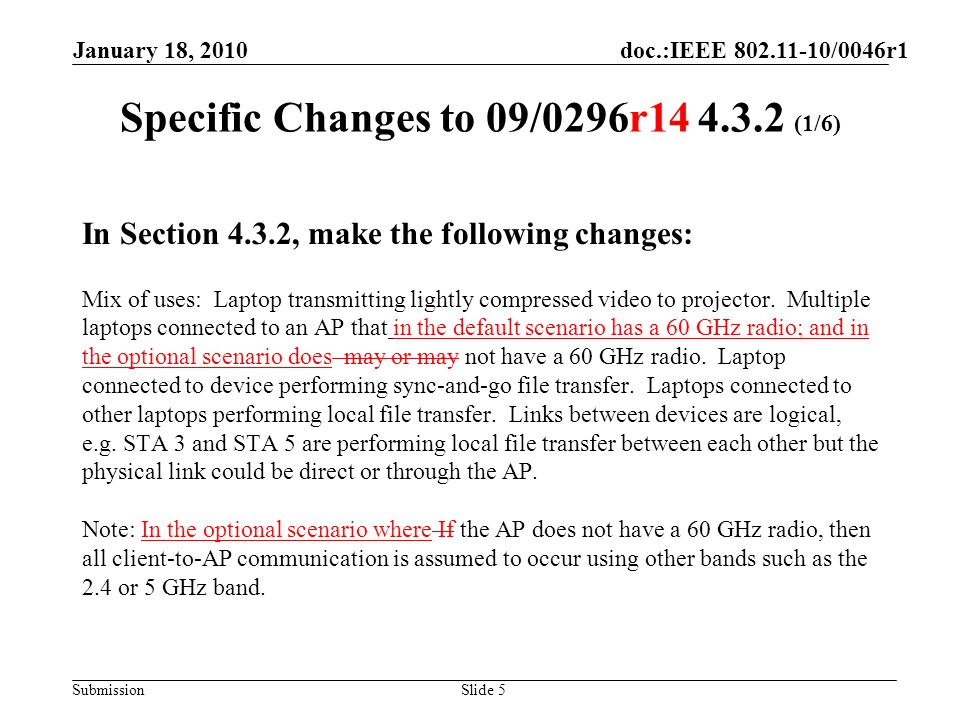Submission Specific Changes to 09/0296r (1/6) In Section 4.3.2, make the following changes: Mix of uses: Laptop transmitting lightly compressed video to projector.