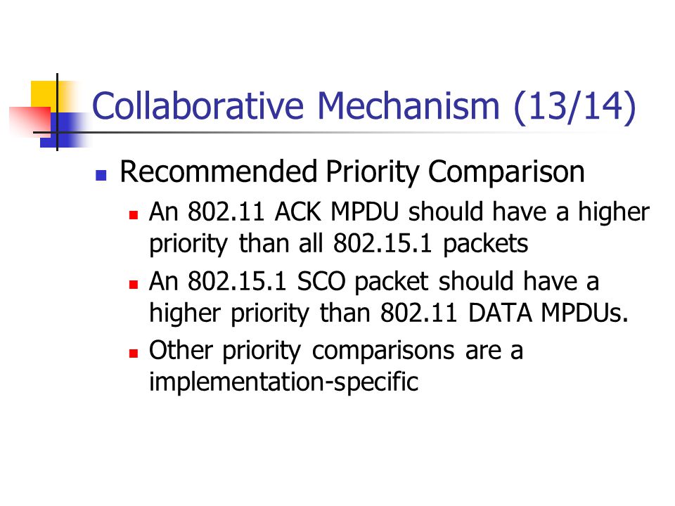 Collaborative Mechanism (13/14) Recommended Priority Comparison An ACK MPDU should have a higher priority than all packets An SCO packet should have a higher priority than DATA MPDUs.