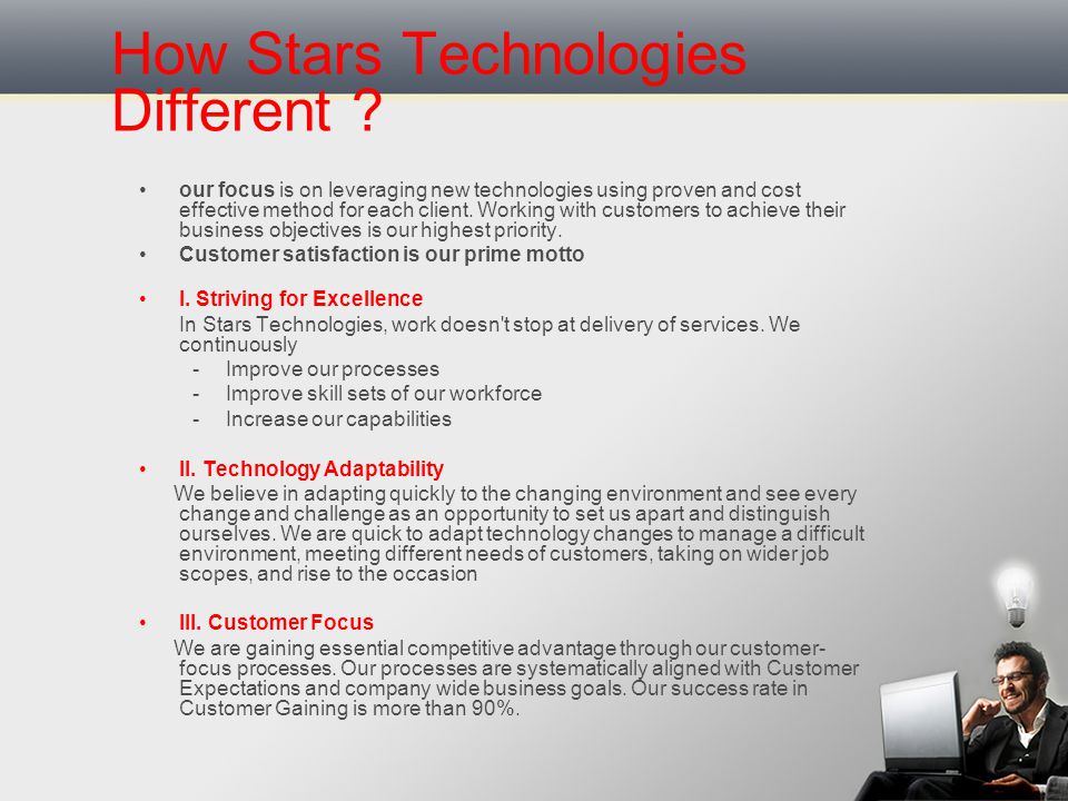 Stars Technologies Stars Technologies established in the year 2012, is an Information Technology company primarily into selling of Branded and Assembled Computers and Peripherals, having expertise in Hardware, Software & Networking installations and providing Annual Maintenance Contracts for Information Technology infrastructures among Corporate, Government and NGOs.