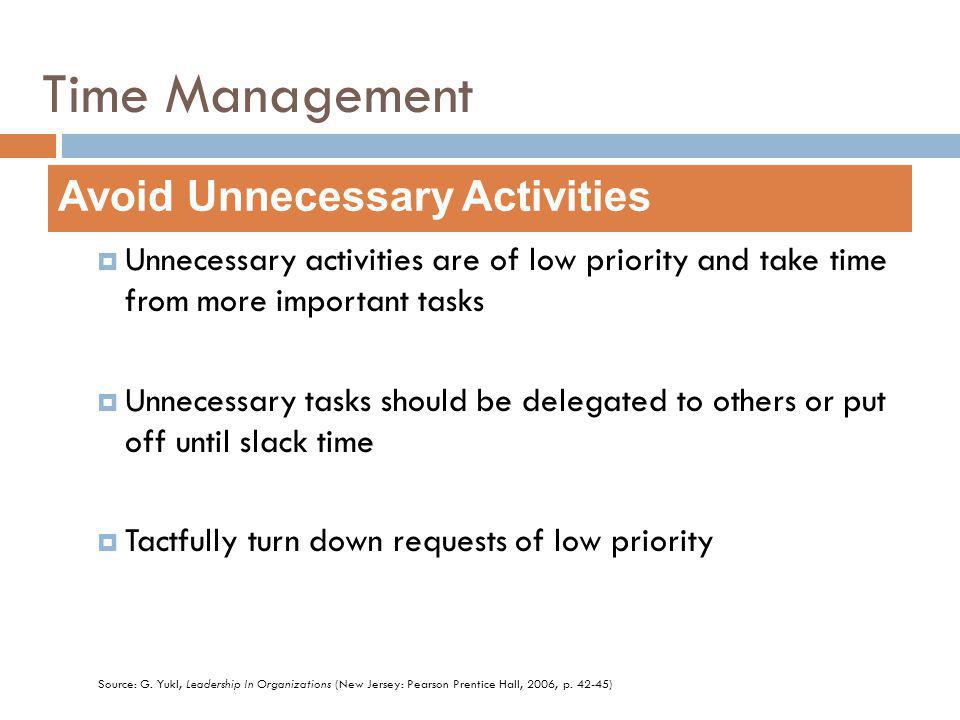 Unnecessary activities are of low priority and take time from more important tasks Unnecessary tasks should be delegated to others or put off until slack time Tactfully turn down requests of low priority Avoid Unnecessary Activities Source: G.