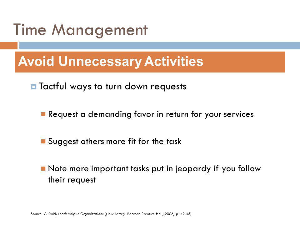 Tactful ways to turn down requests Request a demanding favor in return for your services Suggest others more fit for the task Note more important tasks put in jeopardy if you follow their request Avoid Unnecessary Activities Source: G.