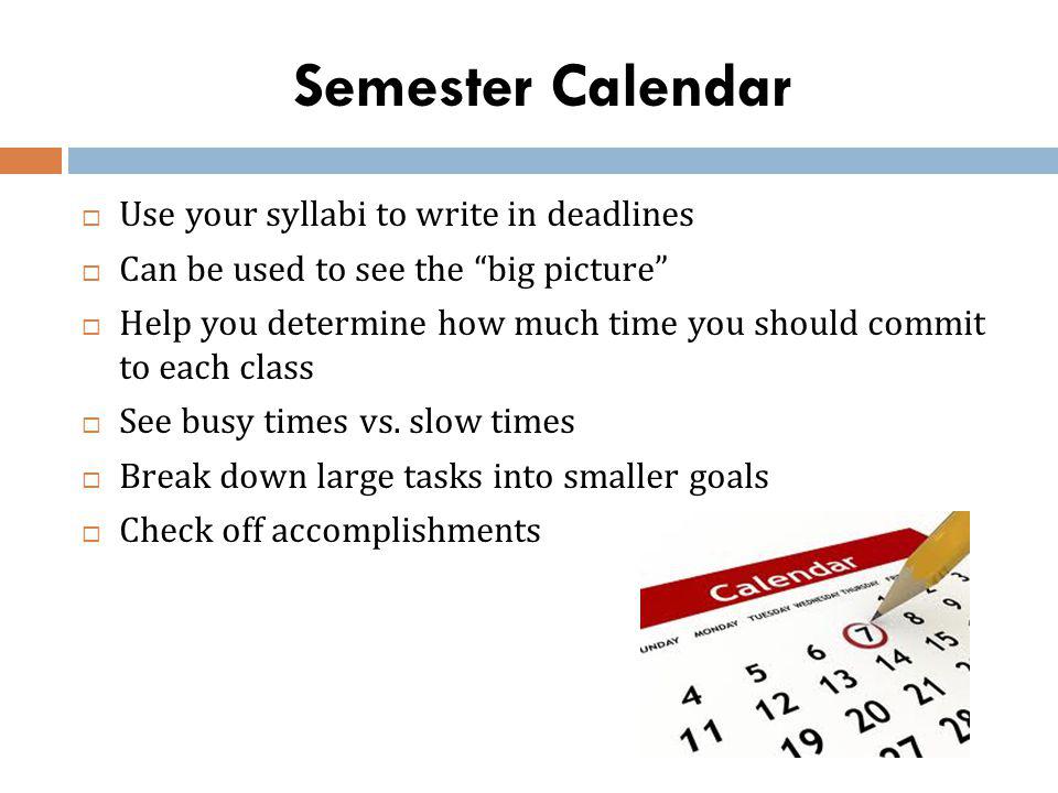 Semester Calendar Use your syllabi to write in deadlines Can be used to see the big picture Help you determine how much time you should commit to each class See busy times vs.