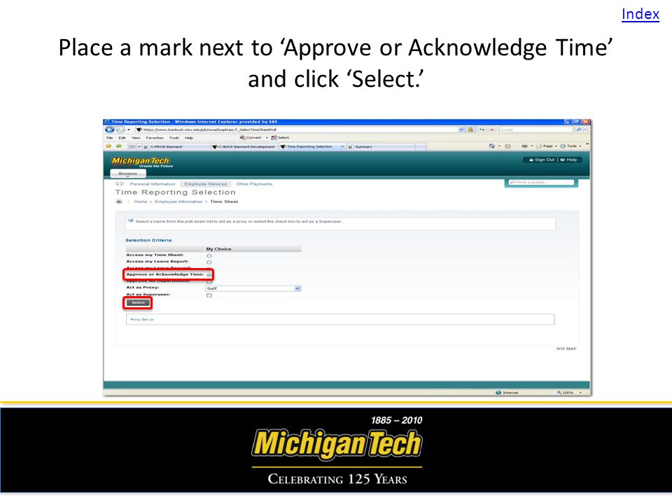Place a mark next to Approve or Acknowledge Time and click Select. Index