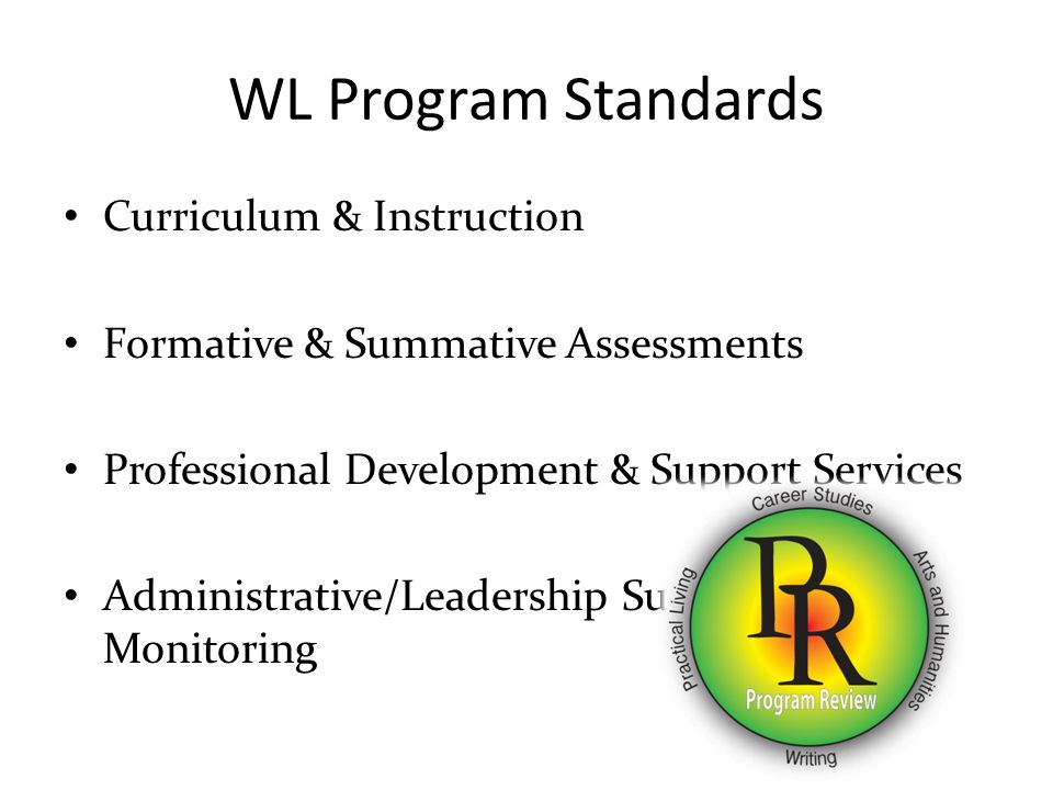 WL Program Standards Curriculum & Instruction Formative & Summative Assessments Professional Development & Support Services Administrative/Leadership Support & Monitoring