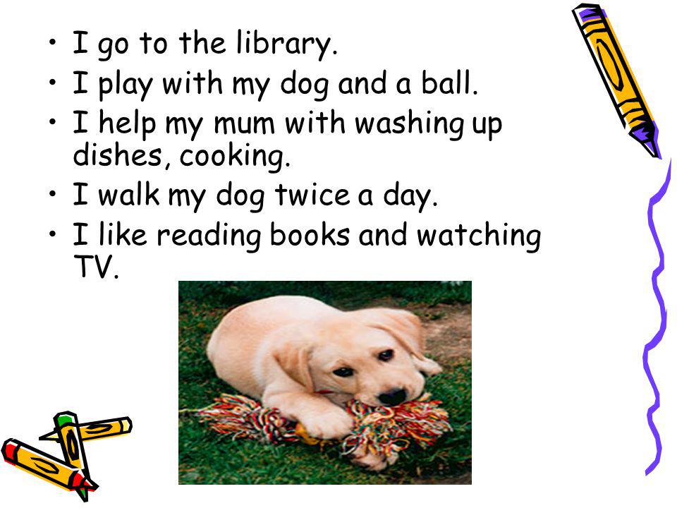 I go to the library. I play with my dog and a ball.
