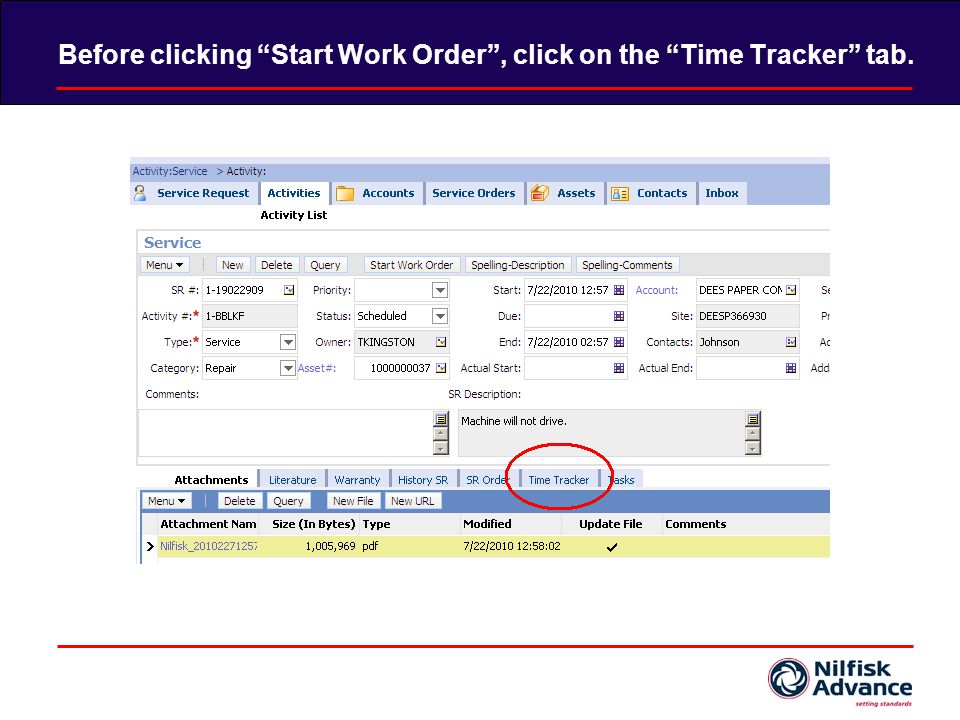Before clicking Start Work Order, click on the Time Tracker tab.