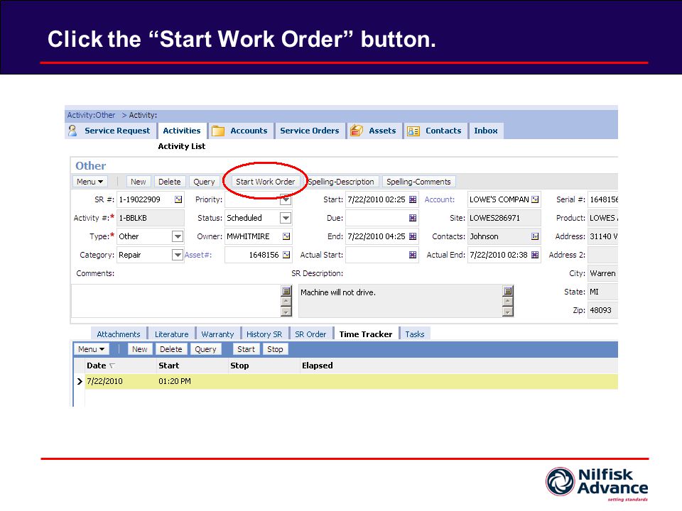 Click the Start Work Order button.