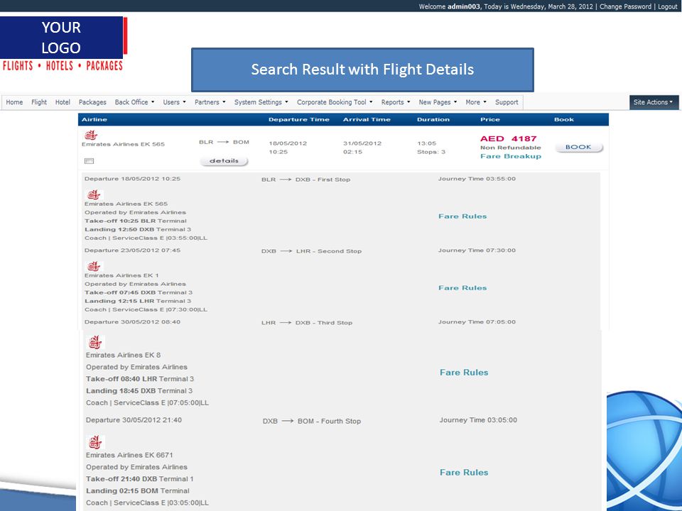 1 YOUR LOGO Search Result with Flight Details