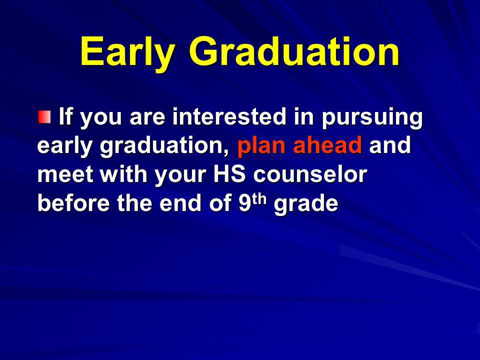 Early Graduation If you are interested in pursuing early graduation, plan ahead and meet with your HS counselor before the end of 9 th grade If you are interested in pursuing early graduation, plan ahead and meet with your HS counselor before the end of 9 th grade