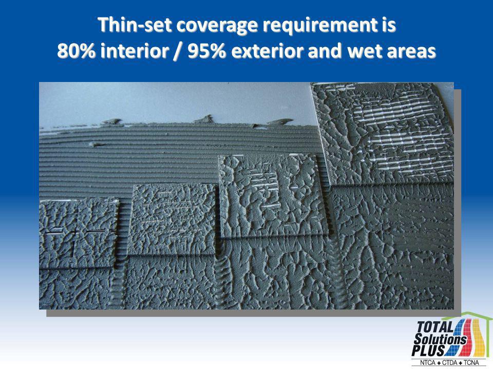 Thin-set coverage requirement is 80% interior / 95% exterior and wet areas