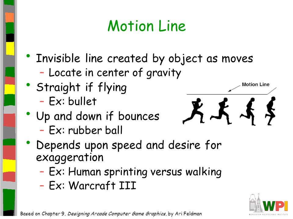 Motion Line Invisible line created by object as moves –Locate in center of gravity Straight if flying –Ex: bullet Up and down if bounces –Ex: rubber ball Depends upon speed and desire for exaggeration –Ex: Human sprinting versus walking –Ex: Warcraft III Based on Chapter 9, Designing Arcade Computer Game Graphics, by Ari Feldman