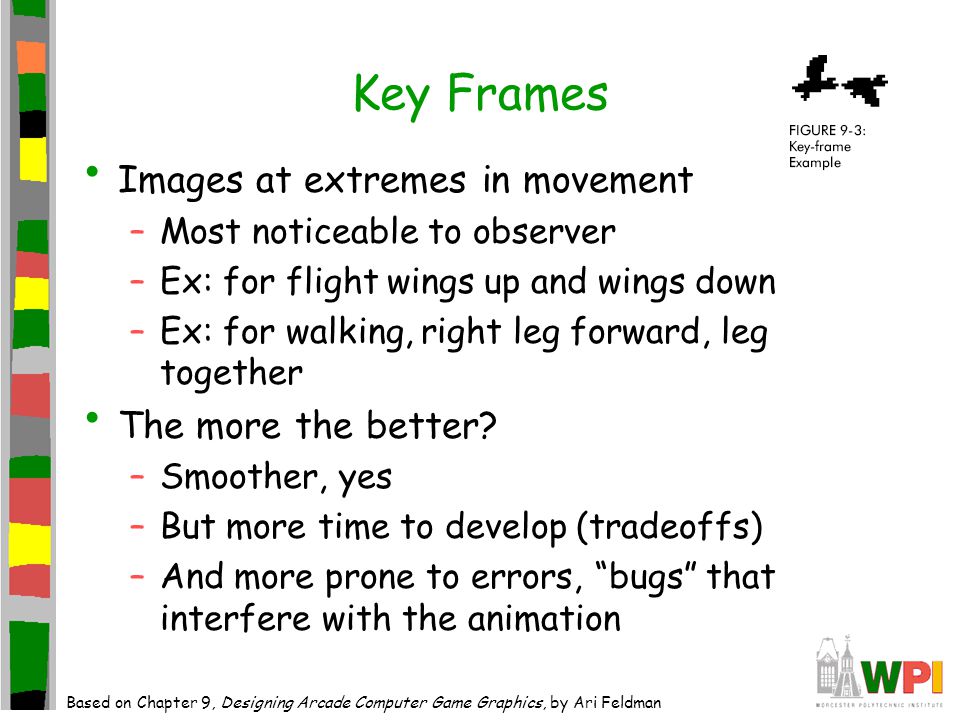 Key Frames Images at extremes in movement –Most noticeable to observer –Ex: for flight wings up and wings down –Ex: for walking, right leg forward, leg together The more the better.