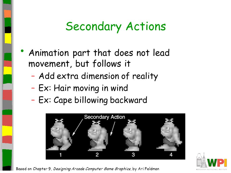 Secondary Actions Animation part that does not lead movement, but follows it –Add extra dimension of reality –Ex: Hair moving in wind –Ex: Cape billowing backward Based on Chapter 9, Designing Arcade Computer Game Graphics, by Ari Feldman