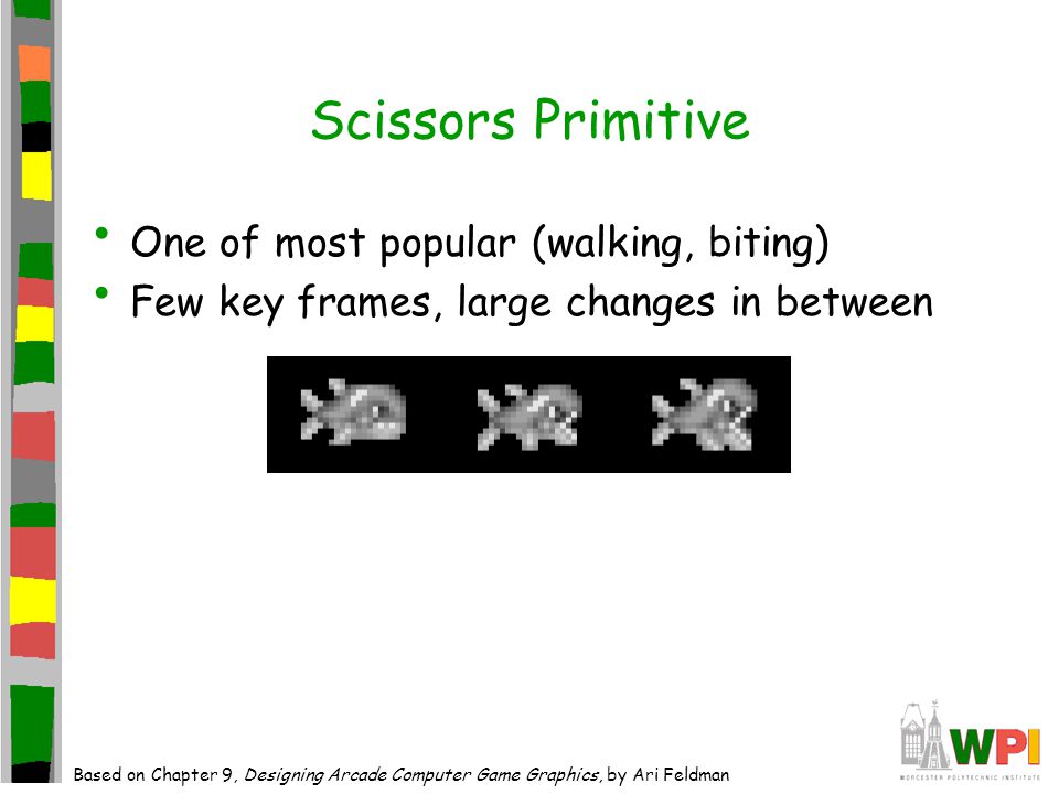 Scissors Primitive One of most popular (walking, biting) Few key frames, large changes in between Based on Chapter 9, Designing Arcade Computer Game Graphics, by Ari Feldman