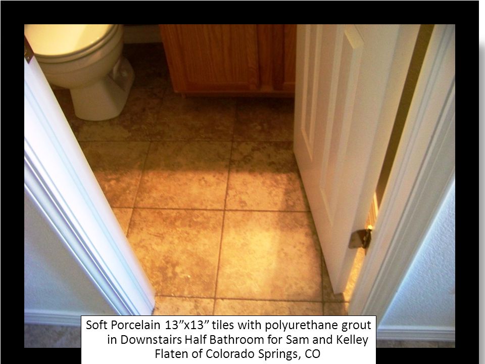 Soft Porcelain 13x13 tiles with polyurethane grout in Downstairs Half Bathroom for Sam and Kelley Flaten of Colorado Springs, CO