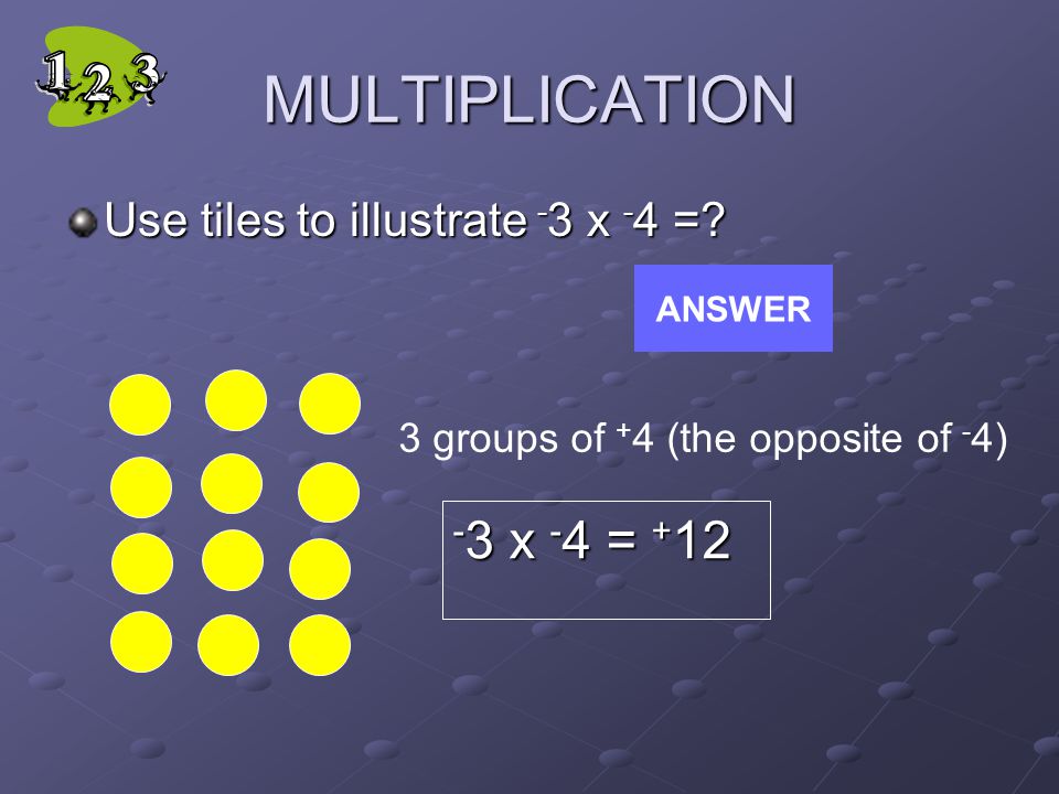 MULTIPLICATION Use tiles to illustrate - 3 x - 4 =.
