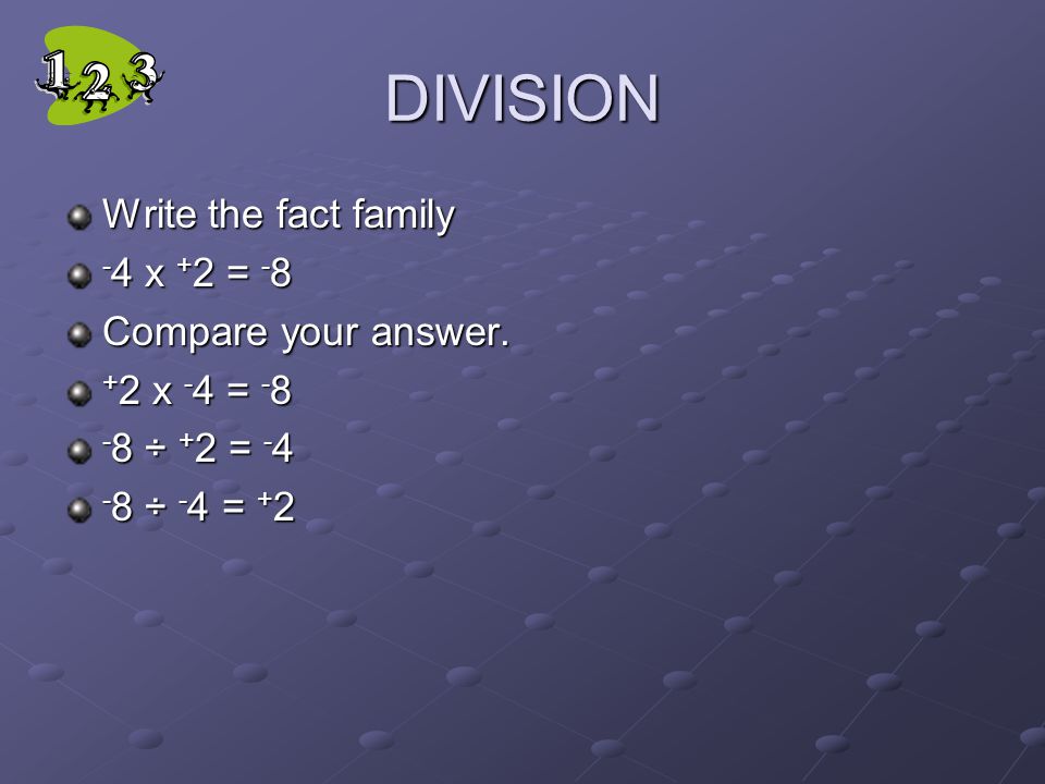 DIVISION Write the fact family - 4 x + 2 = - 8 Compare your answer.