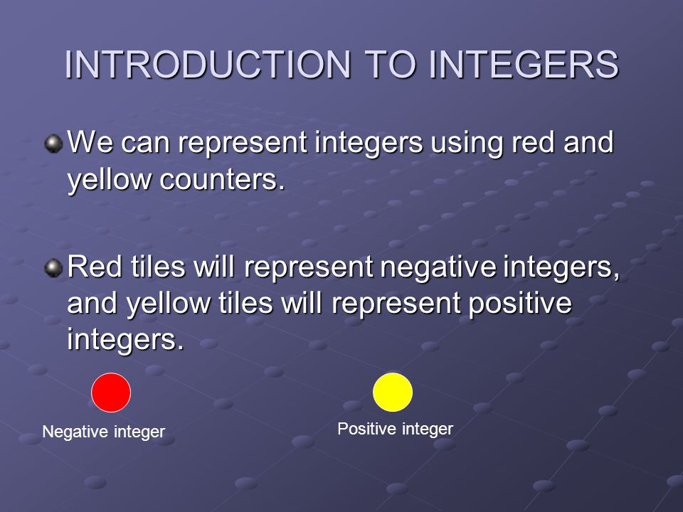 INTRODUCTION TO INTEGERS We can represent integers using red and yellow counters.