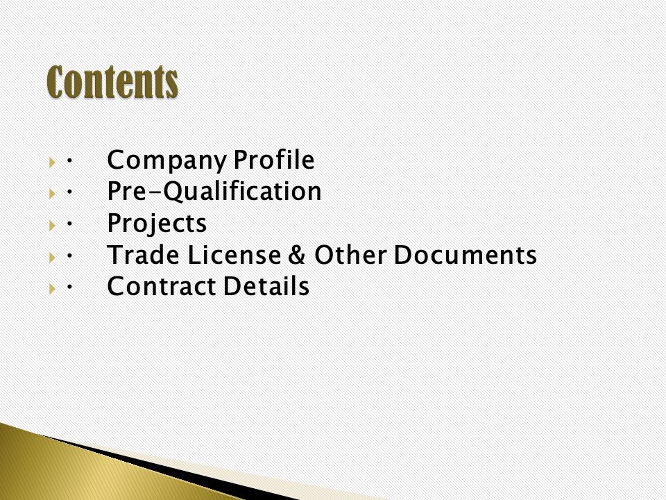 · Company Profile · Pre-Qualification · Projects · Trade License & Other Documents · Contract Details