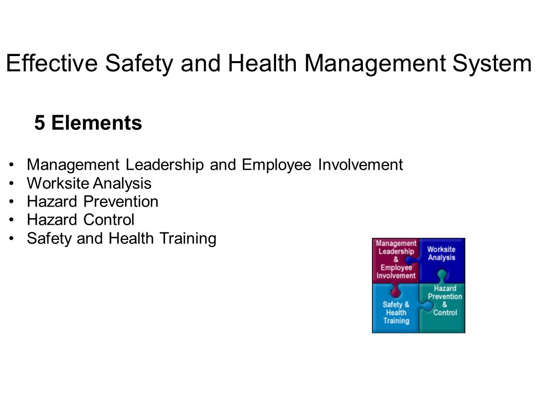 5 Elements Management Leadership and Employee Involvement Worksite Analysis Hazard Prevention Hazard Control Safety and Health Training Effective Safety and Health Management System