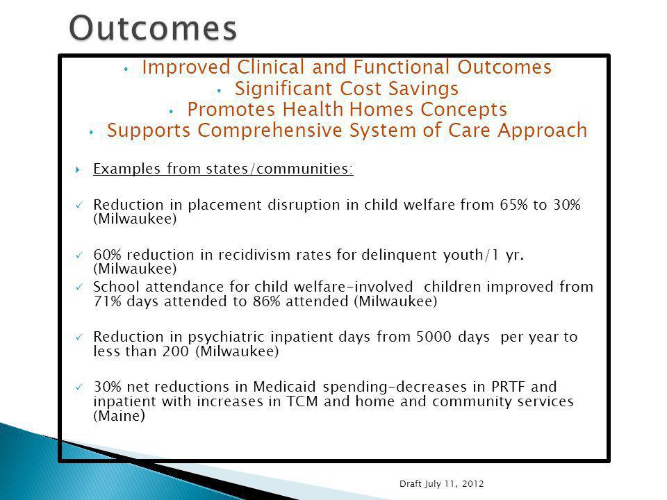 Improved Clinical and Functional Outcomes Significant Cost Savings Promotes Health Homes Concepts Supports Comprehensive System of Care Approach Examples from states/communities: Reduction in placement disruption in child welfare from 65% to 30% (Milwaukee) 60% reduction in recidivism rates for delinquent youth/1 yr.