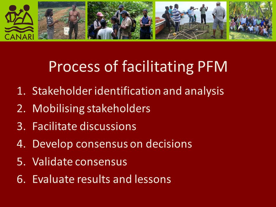 Process of facilitating PFM 1.Stakeholder identification and analysis 2.Mobilising stakeholders 3.Facilitate discussions 4.Develop consensus on decisions 5.Validate consensus 6.Evaluate results and lessons