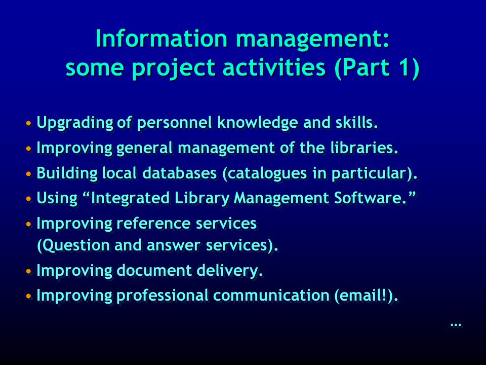 UNESCO-IOC-ODINAFRICA: aims of information management The aim is capacity building of 1 library (information centre) that is associated with a marine science laboratory in each participating country near the coast of Africa, knowing that this will also strengthen the basis for »learning, »teaching, and »research in the region served by the library (information centre).