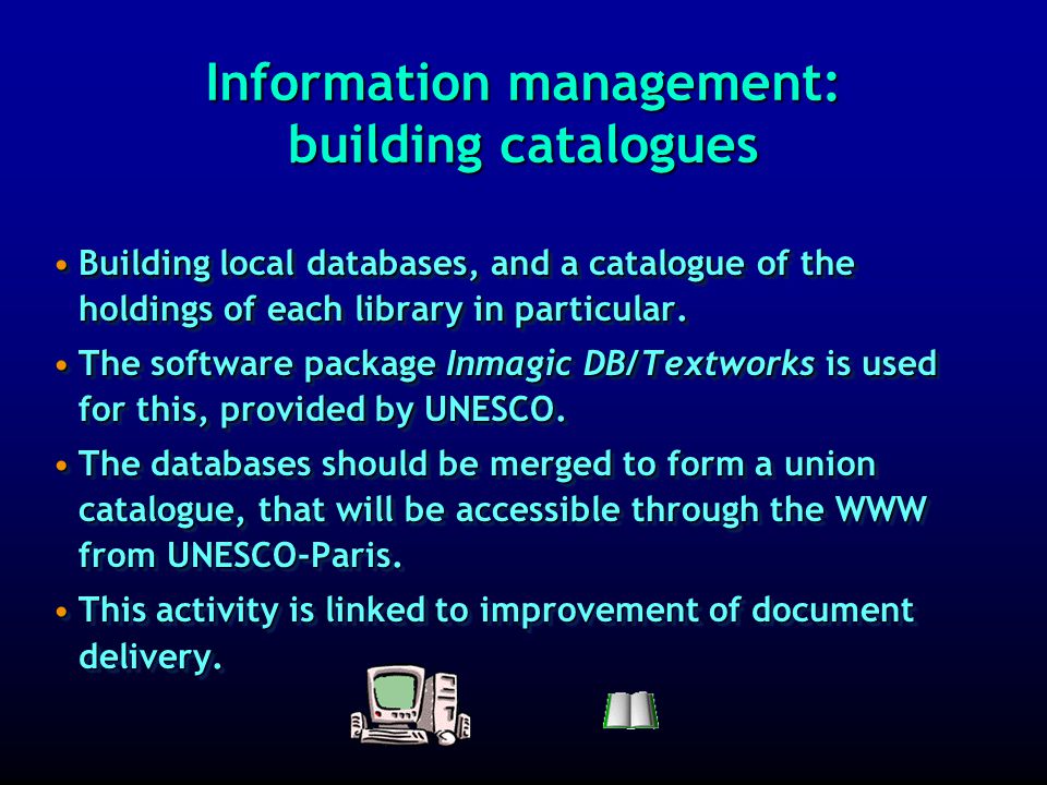 Information management: improving general management The general management of the libraries (information centres) can perhaps be improved by critical thinking aboutThe general management of the libraries (information centres) can perhaps be improved by critical thinking about »Aims / mission statements »Business plans / budgets »Co-operation with other departments within the organisation (like the data centre)with other departments within the organisation (like the data centre) with other organisationswith other organisations The general management of the libraries (information centres) can perhaps be improved by critical thinking aboutThe general management of the libraries (information centres) can perhaps be improved by critical thinking about »Aims / mission statements »Business plans / budgets »Co-operation with other departments within the organisation (like the data centre)with other departments within the organisation (like the data centre) with other organisationswith other organisations