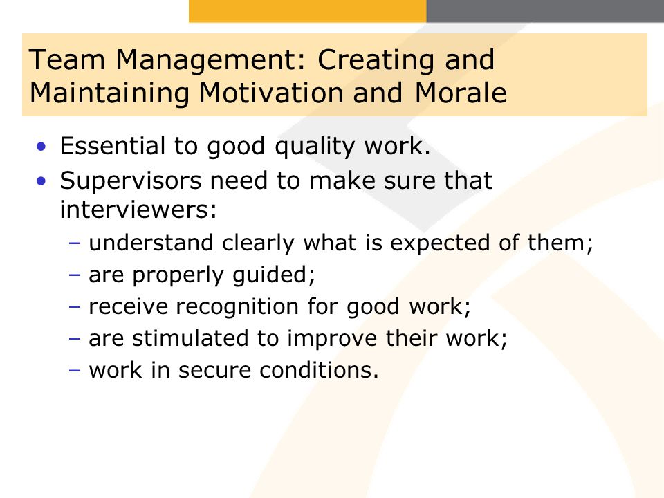 Team Management: Creating and Maintaining Motivation and Morale Essential to good quality work.